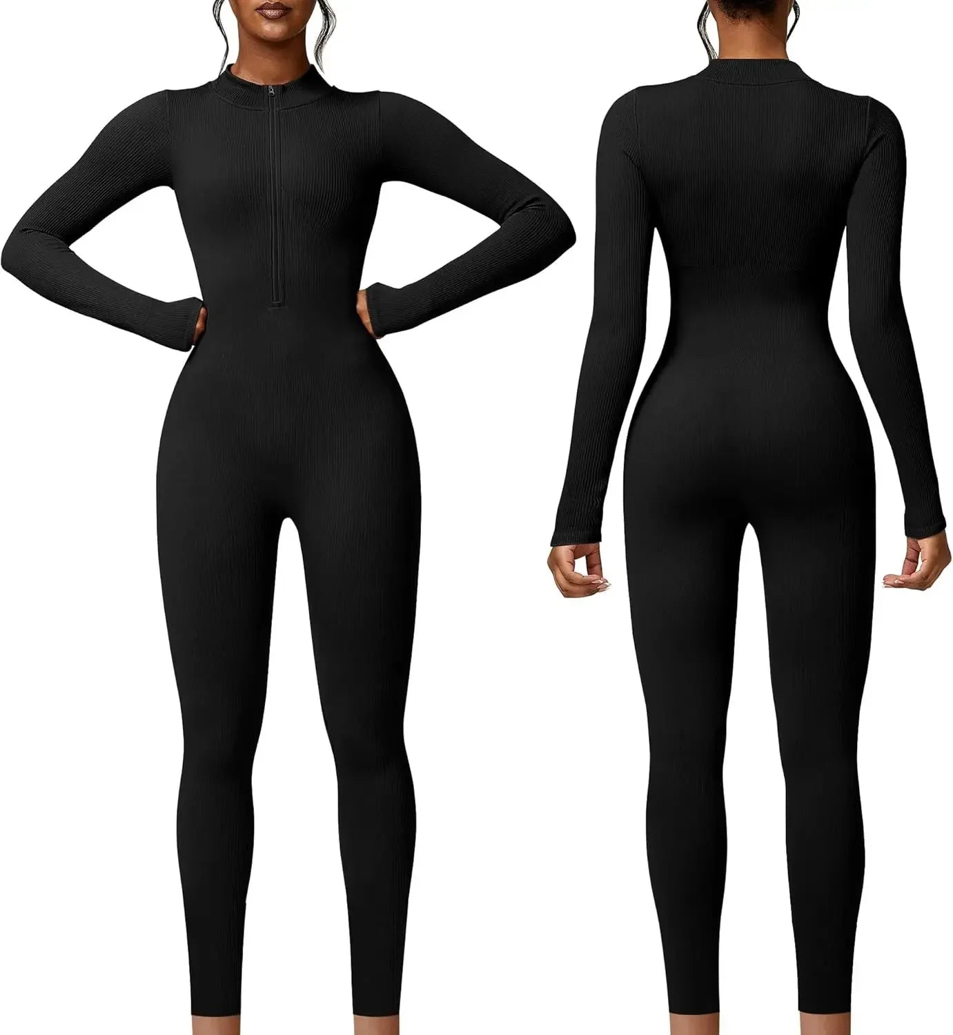 Seamless Long Sleeve Yoga Suit One-Piece Tightening Fitness Leisure Sports Jumpsuit with Zipper for Women.