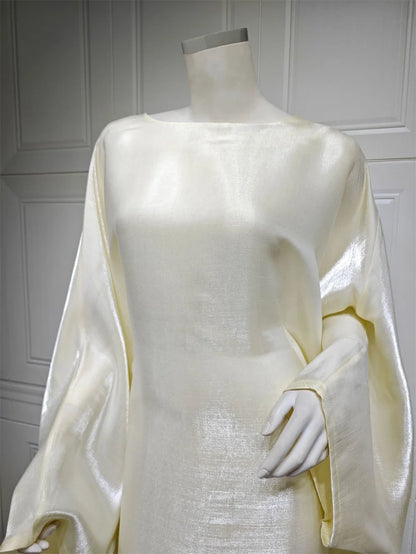 Siskakia Muslim 2024 New Eid Dresses Solid Shiny Satin Batwing Sleeve Modest Kebaya Turkish African Women Abayas Saudi Clothing