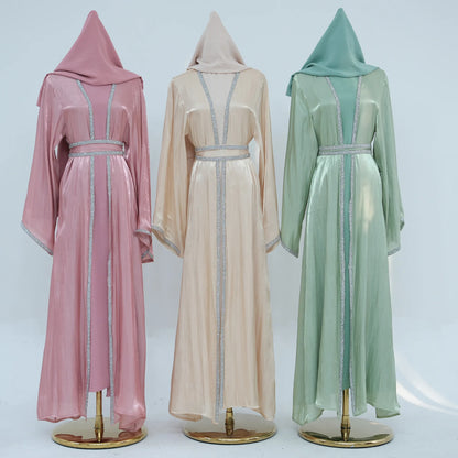 Muslim Abaya for Women Eid Dress 2 Piece Set Diamond Morocco Ramadan Lace-up Abayas Kaftan Islam Cardigan Dubai Arab Long Robe