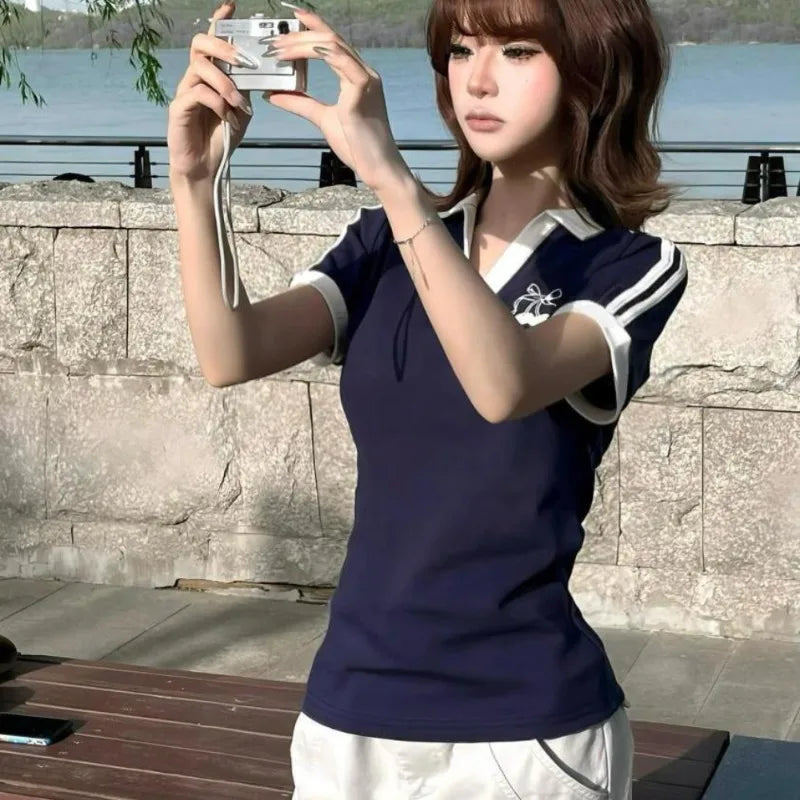 Deeptown Vintage Embroidery Women T-Shirts Striped Short Sleeve American Style Polo Neck Tees Slim Preppy Gyaru Summer Youthful.