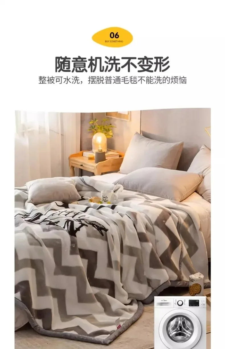 Modern Geometric Cartoon Printed Bedroom Blanket Coral Fleece Dormitory Quilt Thicking Double Layer Multi Purpose Bedding Sheets.