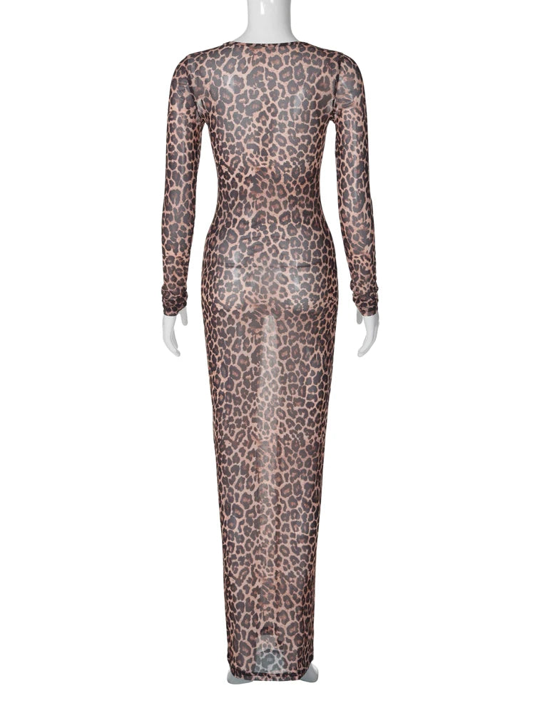 Dulzura 2024 Sexy Elegantes Maxikleid Bedrucktes Leoparden-Langarmkleider Damenkleidung Y2K Lady Party Club Streetwear Urlaub.