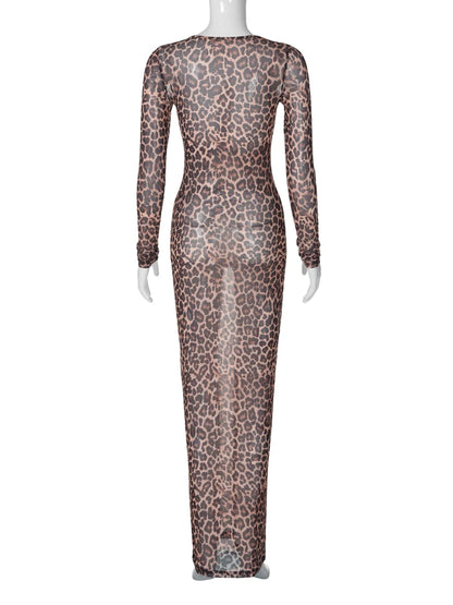Dulzura 2024 Sexy Elegantes Maxikleid Bedrucktes Leoparden-Langarmkleider Damenkleidung Y2K Lady Party Club Streetwear Urlaub.