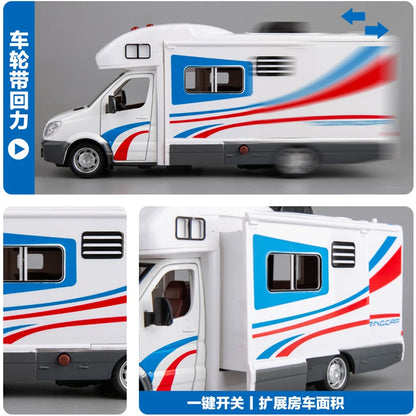 1:28 Diecast Luxury RV Recreational Vehicle Car Model Metal Camper Van Motorhome Touring Car Model Sound and Light Kids Toy Gift.