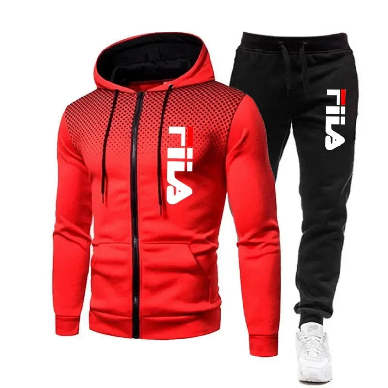 New men's casual jogging fitness fashion sports clothing set autumn and winter printed zipper hoodie + two sets of stretch pants.