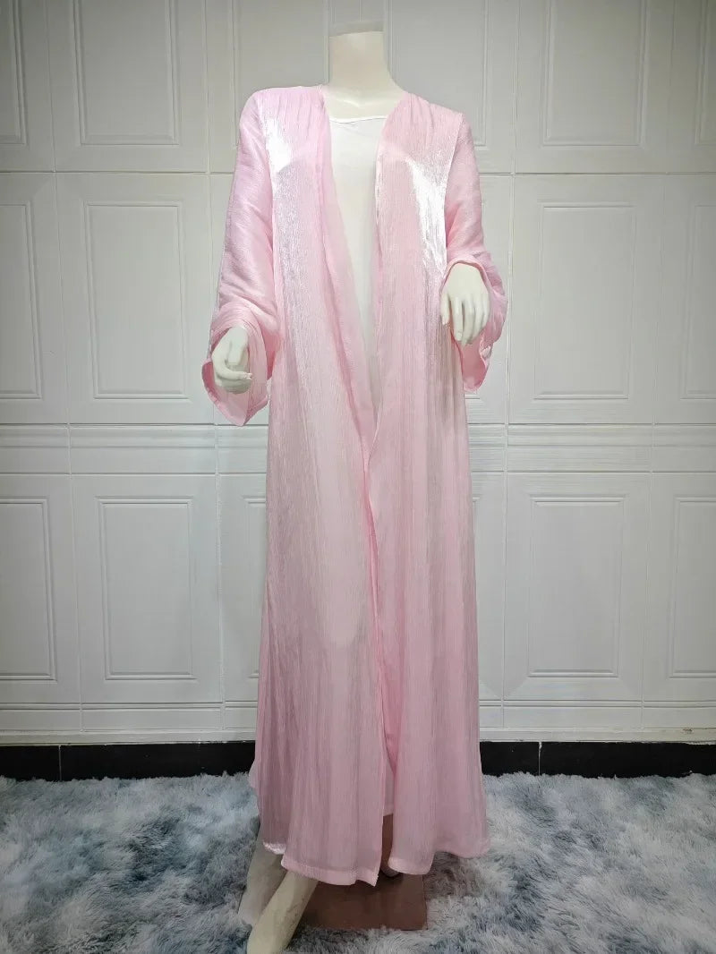 2025 Ramadan Satin muslimischen bescheidenen Kleid arabische Frauen öffnen Abaya Dubai islamische Langarm Cardigan Kleidung Truthahn schlichte Robe