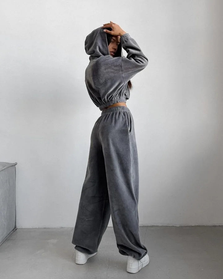 Fall Winter Women's Fashion Hooded Stand Collar Sweatshirt Set Casual Loose Fit Two Piece Streetwear Lounge Gym Ourdoor Outfit.