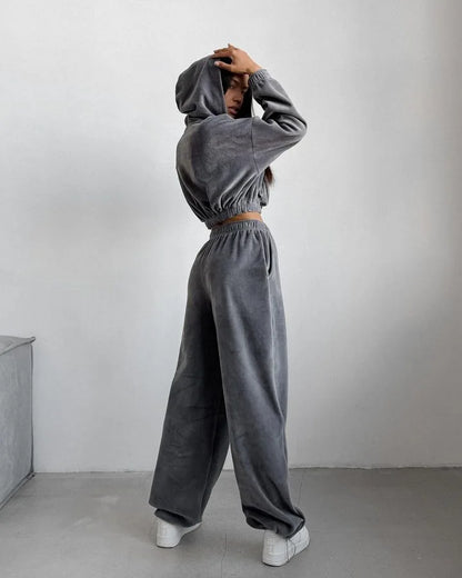 Fall Winter Women's Fashion Hooded Stand Collar Sweatshirt Set Casual Loose Fit Two Piece Streetwear Lounge Gym Ourdoor Outfit.