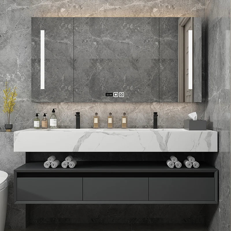 Leichter, luxuriöser Badezimmerschrank aus Steinplatten, integriertes Waschbecken, kombiniertes Waschbecken, WC-Waschbecken, nordischer einfacher Spiegelschrank