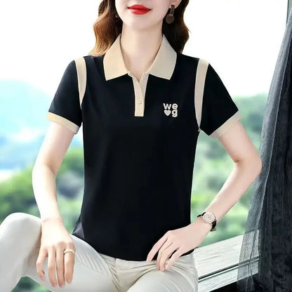 Sporty Short Sleeve Polo Shirt for Women Summer Fashionable Hong Kong Style Top Slim Fit Mixed Fabric Trendy T-Shirt.