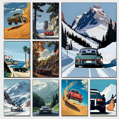 Classic Porsche 911 Alpine Drive Poster Retro Alpine Trip Cartoon Prints Canvas Painting Wall Art Picture Home Living Room Decor.