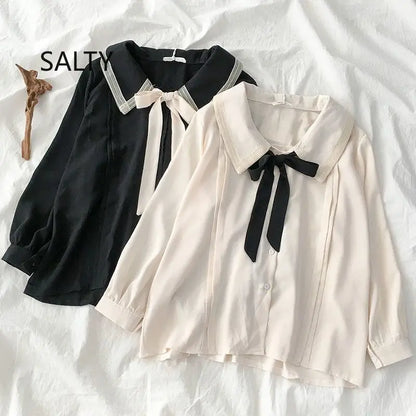 Large Size Niche Design Sense Single-breasted Women Shirt Autumn New Korean Lace-up Bow Blouse Female Solid Color Women Shirt.
