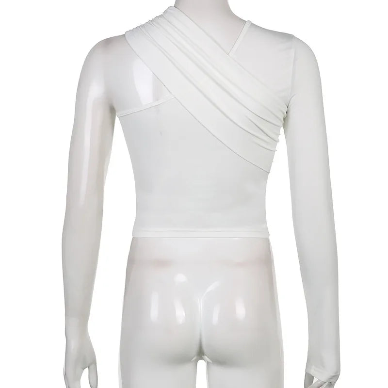 Personalized Street Hottie Single Shoulder Solid Color Top Sexy Off-the-shoulder Slim-fitting Long-sleeved Bottoming Shirt.