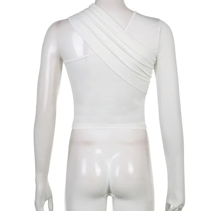 Personalized Street Hottie Single Shoulder Solid Color Top Sexy Off-the-shoulder Slim-fitting Long-sleeved Bottoming Shirt.