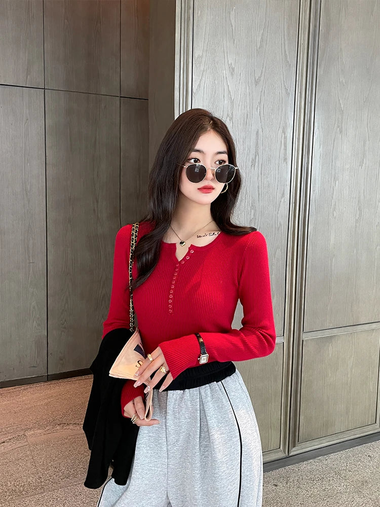 2025 frauen Solide Strick Pullover Herbst Winter Pullover V-ausschnitt Taste Langarm Schlank Pullover Koreanische Casual Basis Schicht Y2k