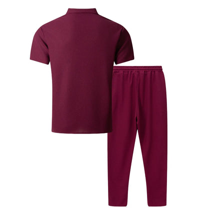 2025 Summer New Men Light Ripe Casual solid Color Button Pocket Fashion Waffle trend Shirt Short-Sleeved Trousers Two-piece Set.