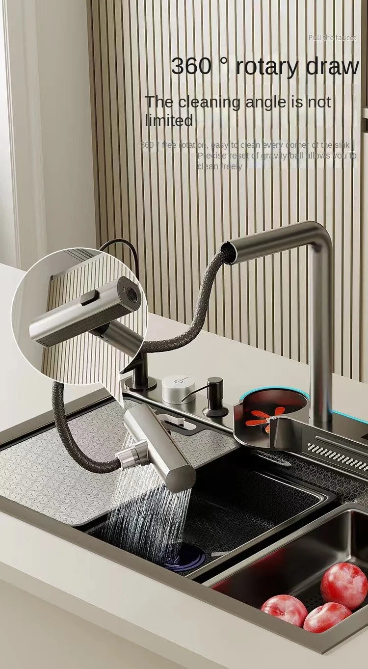 Digitalanzeige, Wasserfall, Einzelschlitz, Nano-Spüle aus Edelstahl 304, Geschirrspülen, Küche, multifunktionales Gemüsewaschbecken