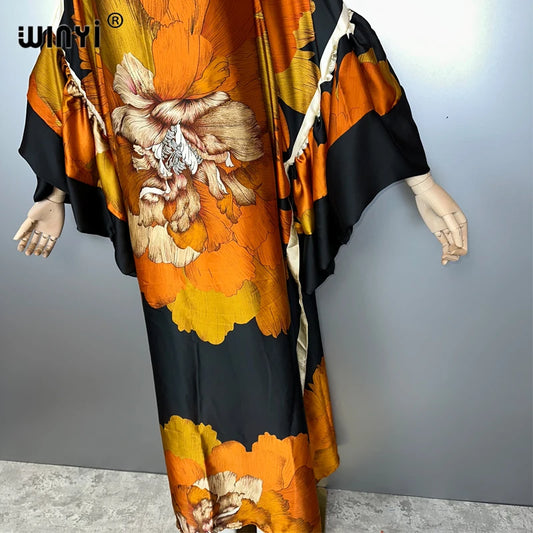 WINYI summer puff(ed) sleeves evening dress abaya dubai luxury  Female loose Print kaftan muslim woman clothing beach dress.