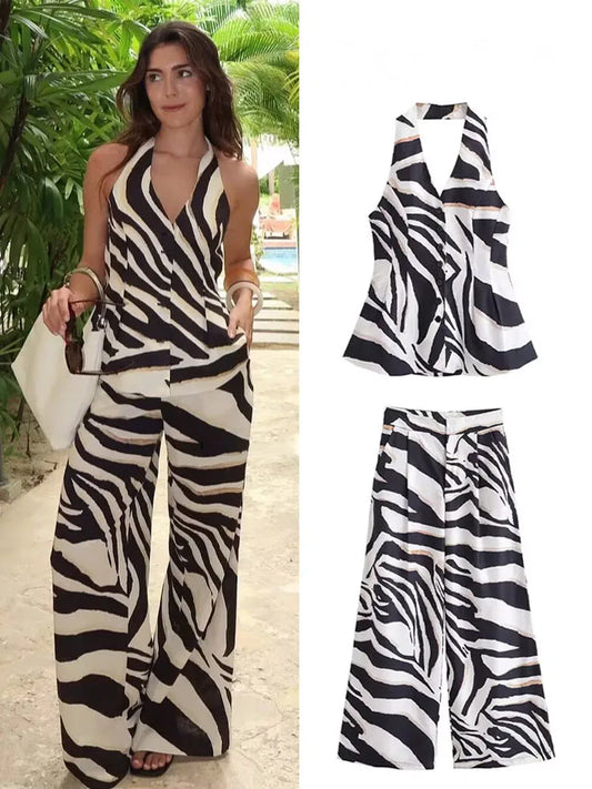 HH Women Pants Suit Fashion Zebra Stripes Single Breasted Sexy Sleeveless V-Neck Top+High Waist Zipper Casual Wide Leg Pants.