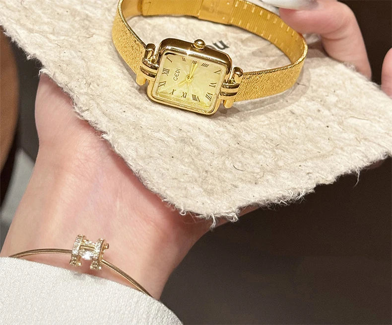 GEDI Gold Stainless Steel Quartz Watch Square Woman High-End Vintage Light Luxury Elegant Women's Wristwatches Gift.