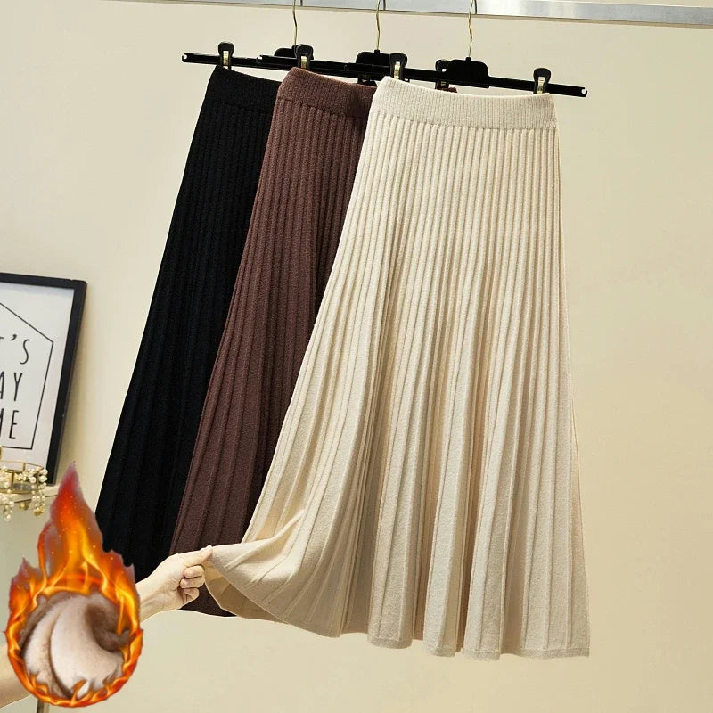 2025 Brand Designer Women Autumn Winter Thick Elegant Chic Solid Pleated Skirt High Waist Luxury Fashion With Elastic Female.