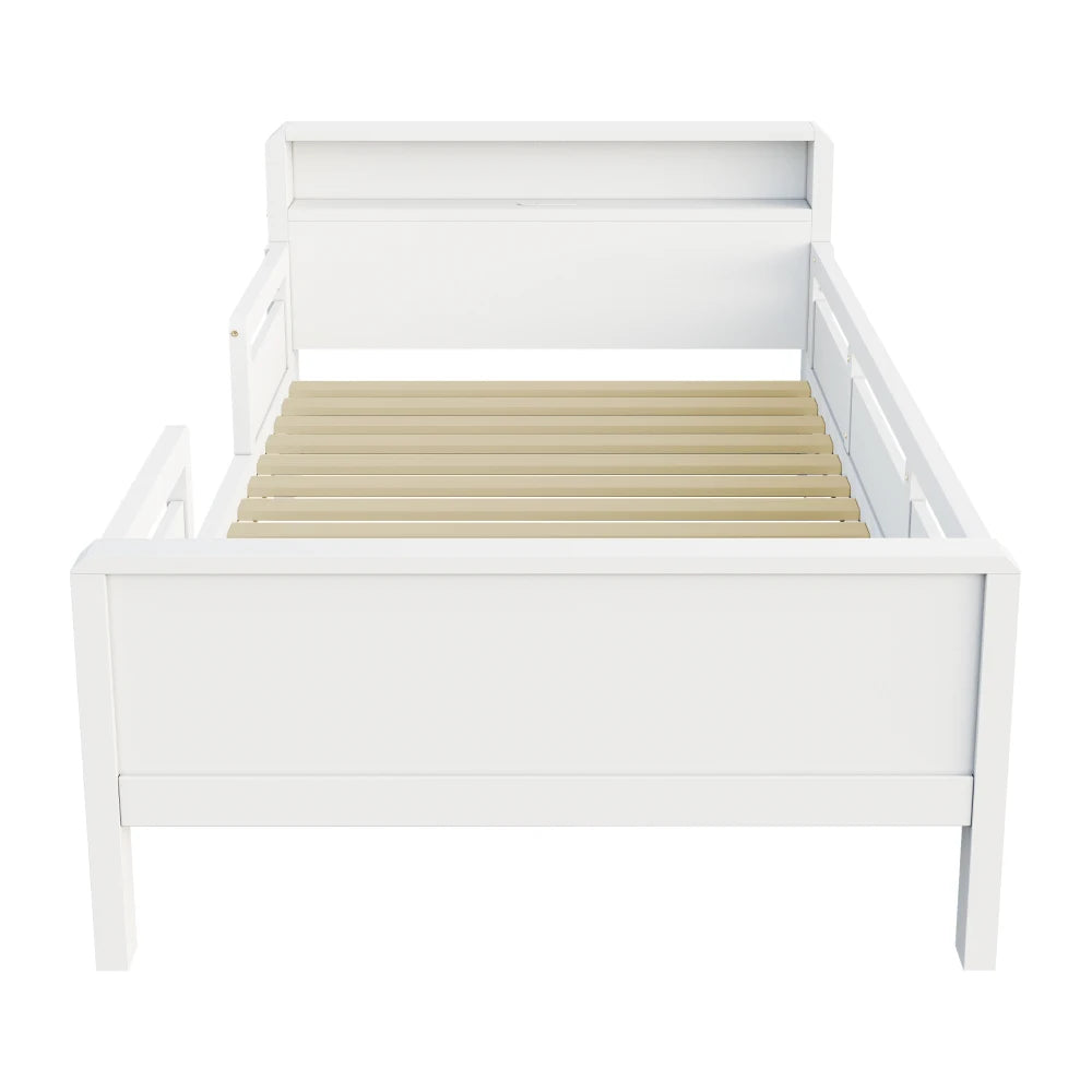 Multifunktions-Holzbett, USB- und Tape-C-Kombinationssteckdose, kleines LED-Licht, Kopfteil mit Einlagerfunktion, Einzelbett