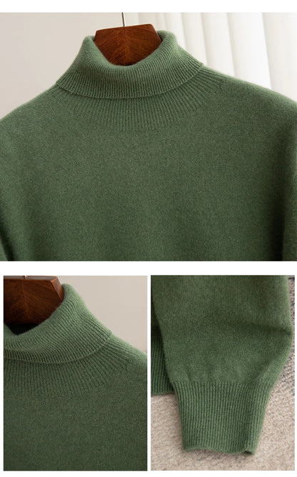 Men 100% Merino Wool Sweater Turtleneck Knitted Pullover Cashmere Warm Solid Color Clothes Business Bottoming Tops Autumn Winter
