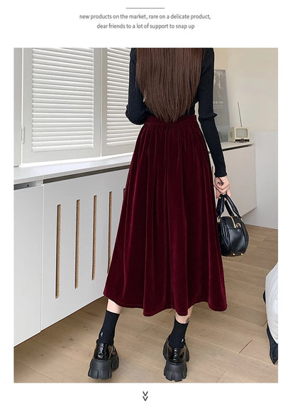 Autumn Winter Warm Vintage Red Elegant Velvet A-line Skirt For Women 2023 High Waist Casual Black Party Pleated Big Swing Skirts.