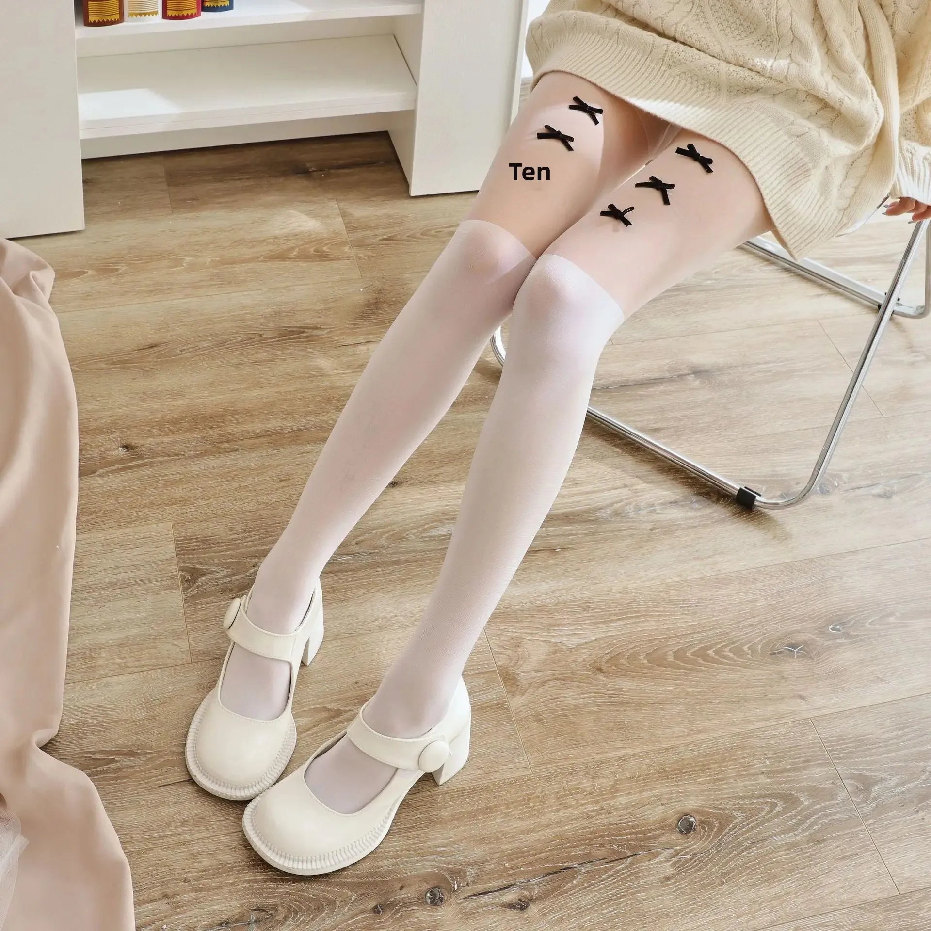 Handmade Velvet Stockings Swan Velvet Patchwork Fake Thigh Pantyhose Multiple Butterfly Knots White Silk Leggings.