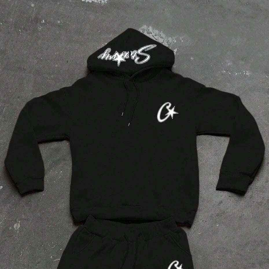 Two-piece black suit Y2K fashion pattern hoodie men clothing Harajuku Gothic women chic sports pants couple suit sportswear.