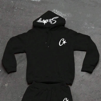 Two-piece black suit Y2K fashion pattern hoodie men clothing Harajuku Gothic women chic sports pants couple suit sportswear.