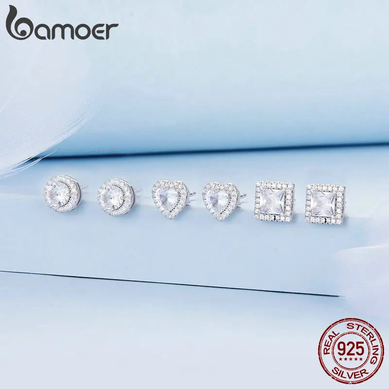 BAMOER Gold Plated Halo CZ Stud Earrings 925 Sterling Silver Hypoallergenic Classic Elegant Heart Earrings Jewellry BSE894.
