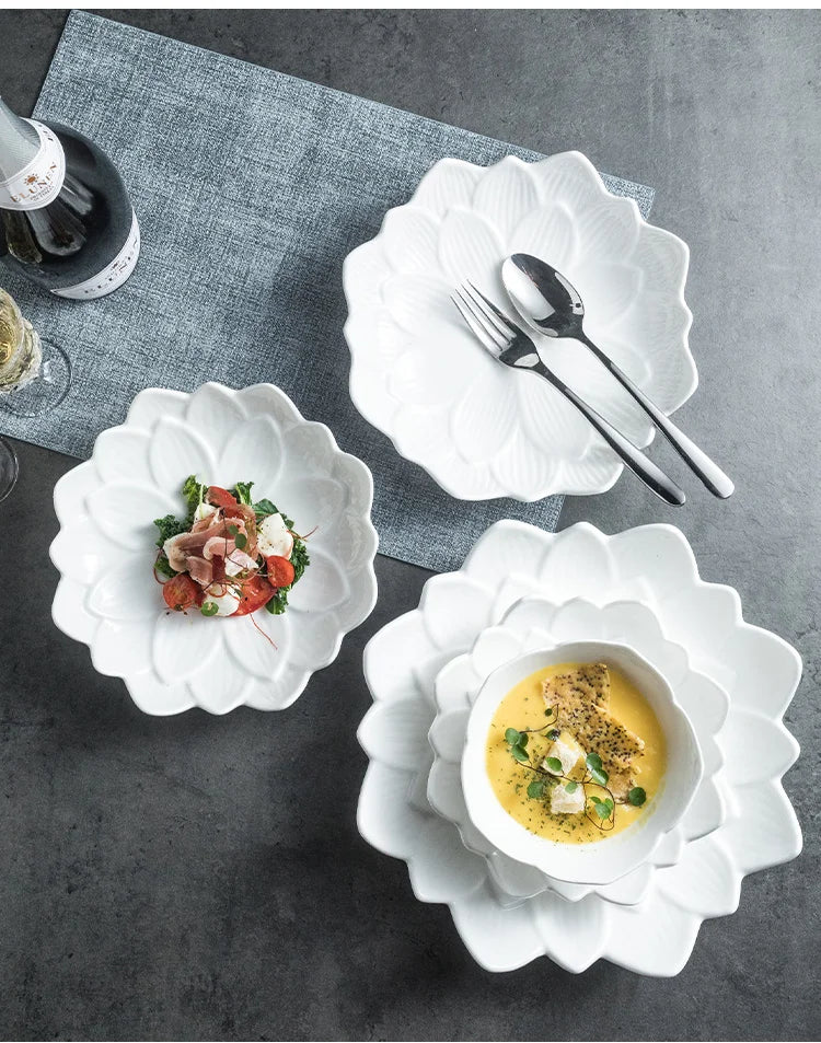 Chinese Lotus-like Ceramic Western Food Dish Household White Fruit Salad Bowl Dessert Plate Creative Restaurant Specialtableware.