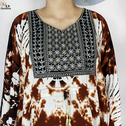 2025 New African Abaya For Women Dress Loose Batwing Sleeve Pockets High-quality Tie-dye Pure Cotton Fabric Women Islam Clothing.