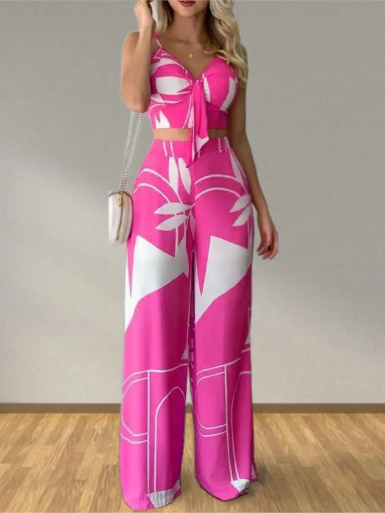 Elegant Two Piece Outfits For Women 2025 Sexy V-Neck Strap Backless Lace-up Slim Crop Top & Wide Leg Pants Sets Summer Lady Suit.