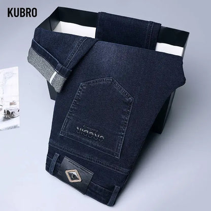 Autumn New Men's Business Jeans High Elasticity Straight Denim Trousers Men's Pants Work Clothes Haze Blue Black Gray Brand.