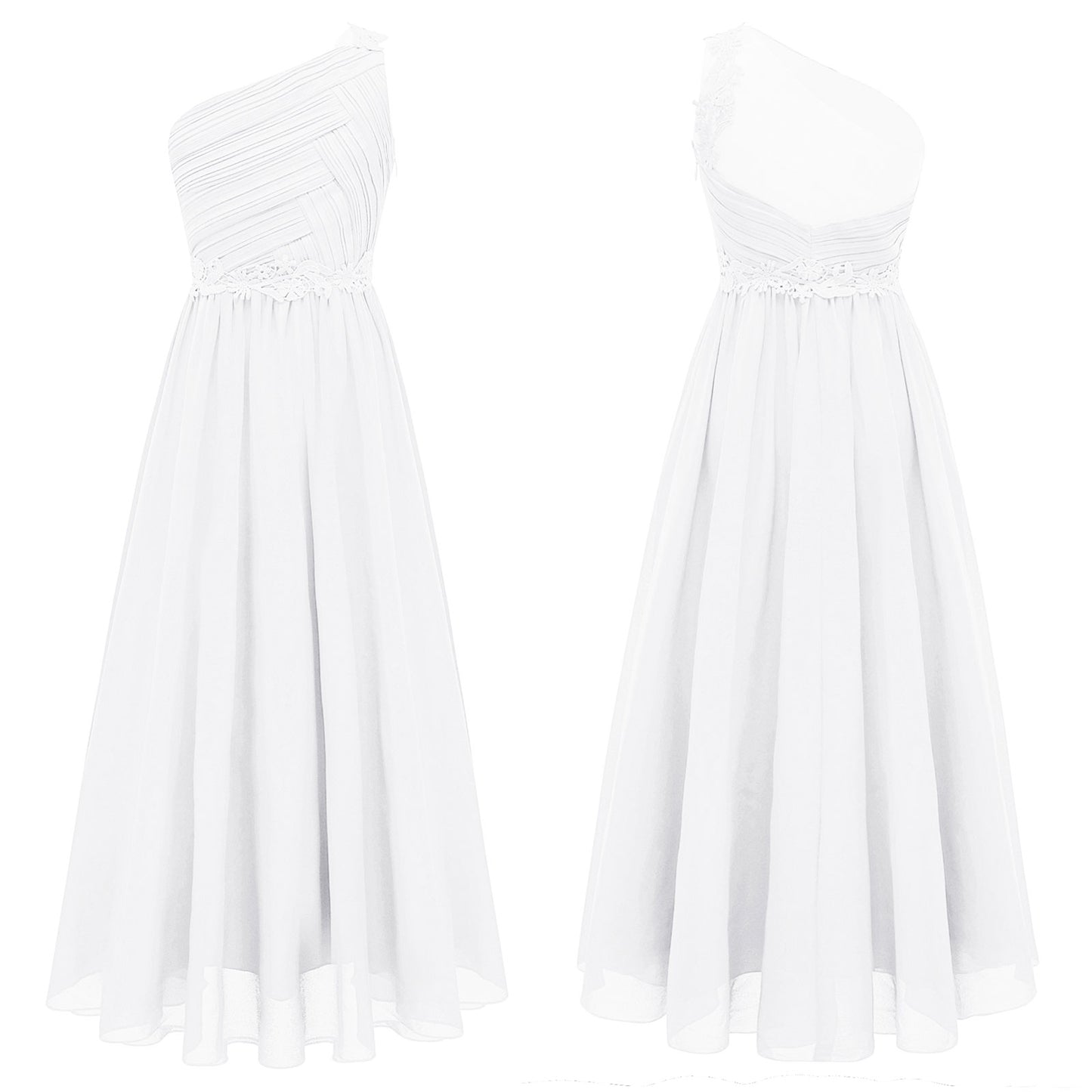 Mädchen Hochzeit Brautjungfer Kleid One Shoulder Elegante Guipure-Spitze Geraffte Chiffon Maxi Party Kleider Geburtstag Abend Abendkleid.