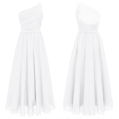 Mädchen Hochzeit Brautjungfer Kleid One Shoulder Elegante Guipure-Spitze Geraffte Chiffon Maxi Party Kleider Geburtstag Abend Abendkleid.