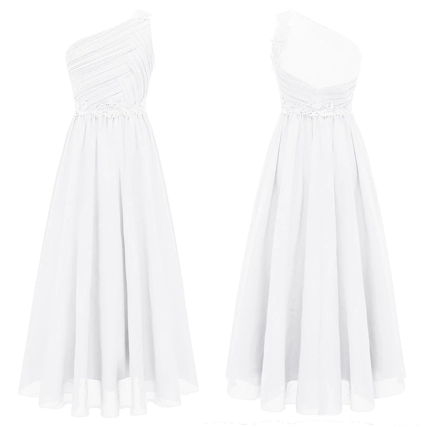 Mädchen Hochzeit Brautjungfer Kleid One Shoulder Elegante Guipure-Spitze Geraffte Chiffon Maxi Party Kleider Geburtstag Abend Abendkleid