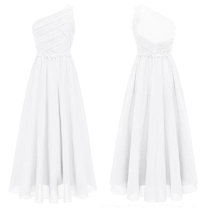 Mädchen Hochzeit Brautjungfer Kleid One Shoulder Elegante Guipure-Spitze Geraffte Chiffon Maxi Party Kleider Geburtstag Abend Abendkleid