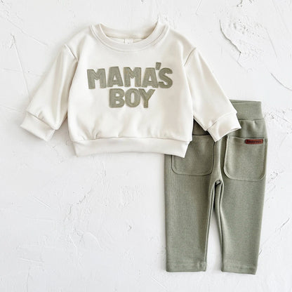 2025 Baby Jungen Kleidung MAMA'S JUNGE Sets Herbst Baby Mädchen Kleinkind Outfit Sweatshirt Top Hosen 2 Stücke Langarm Winter warme Säuglingsanzug.