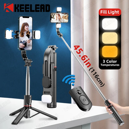 L13D Selfie Stick 1160mm with Wireless Bluetooth Double Fill Light Extended Tripod with Remote Shutter for Android IOS Cellphone.