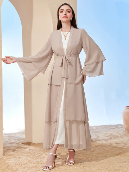 Ramadan kebaya Layered Open Front Abaya, Long Sleeve Dress With Belted , Without Hijab, Women's Clothing.