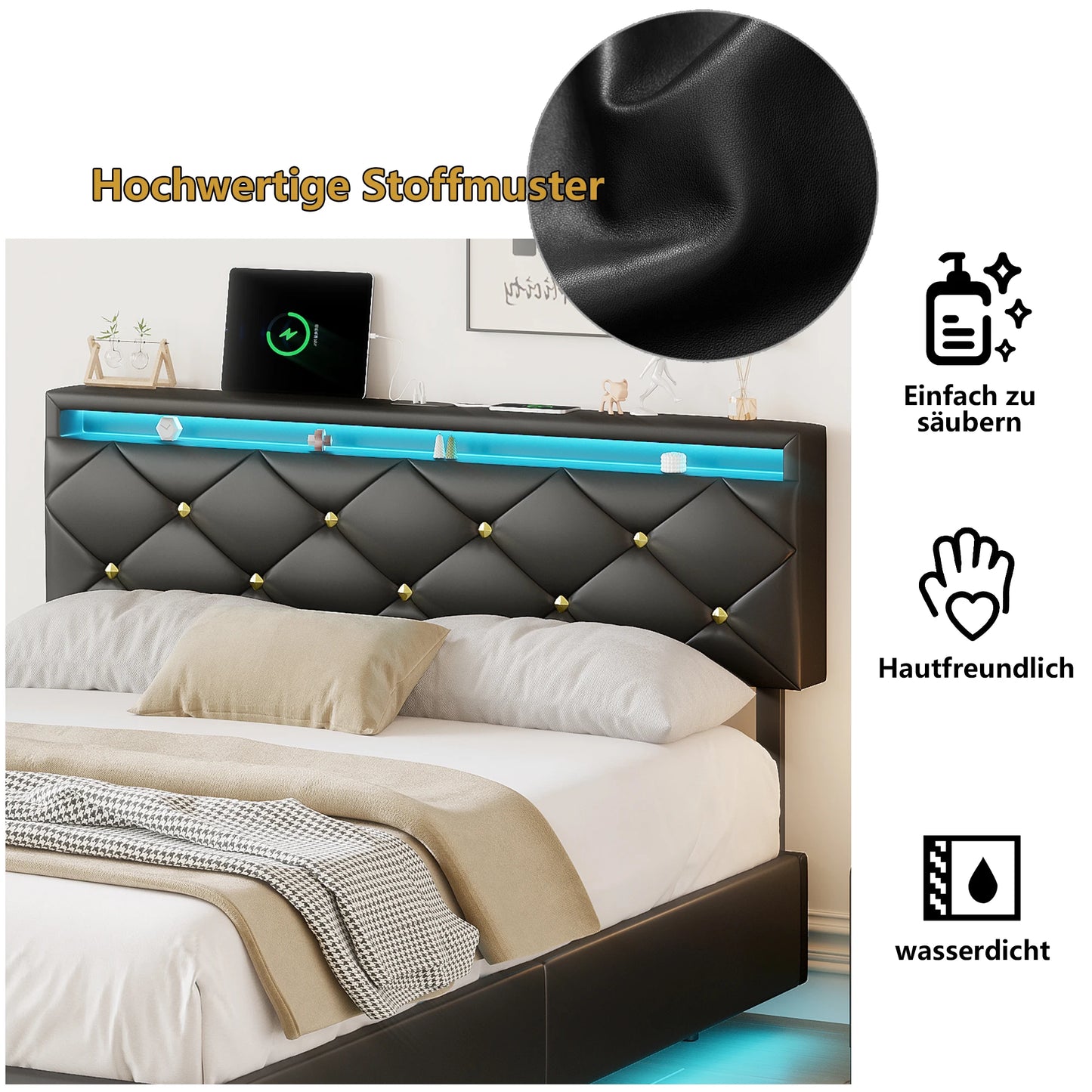Anajqaqia 160 x 200 cm PU-Schwebebett mit verstellbarer Kopfteilhöhe + LED-Streifenbeleuchtung, Schwarz