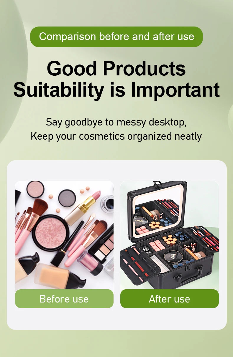 GLADCASE 2025 Portable Makeup Case with adjustable LED light Mirror carry Cosmetic Box Organizer train Beauty for dailry travel.