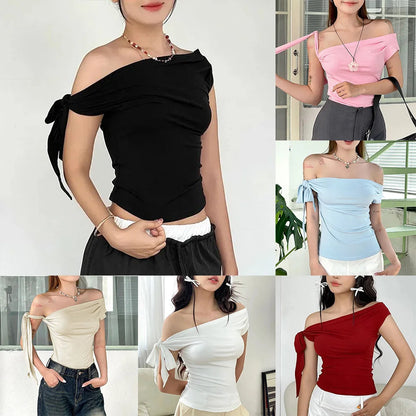Vacation Styles One-Shoulder Cropped Top Womens Slim Fit Women One Shoulder Top Applicable For Vacation Solid Color Pattern.