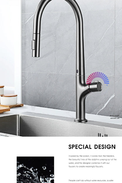 High-end gun gray brass kitchen faucet induction design single handle cold and hot dual control 2 function simple sink faucet