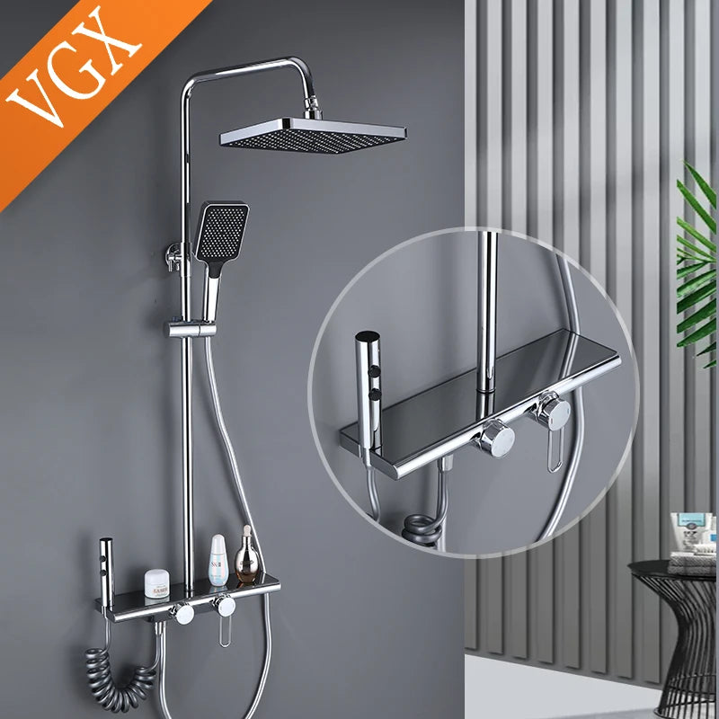 VGX Thermostatic Shower System Set Smart Digital Bathroom Shower Faucet Set Temperature Display Rainlfall Bathroom Shower Set