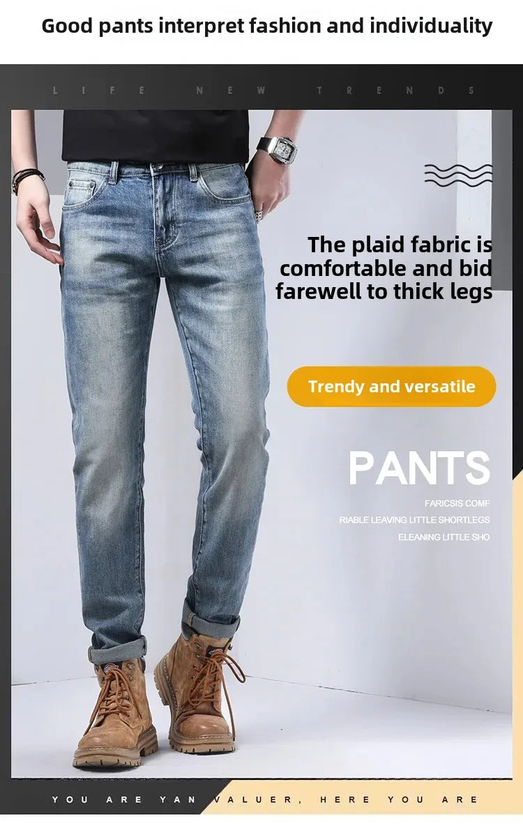 2024 Men's Fashionable Simple Stretch Slim Fit Denim Trousers European Style High Quality Casual Export Men Pants.
