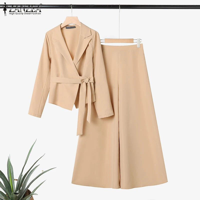 ZANZEA Elegant 2 Pieces Pant Sets Long Sleeve Belted Lightweight Blazer & Wide Leg Pant 2pcs Suits Office Lady Commuting Sets.